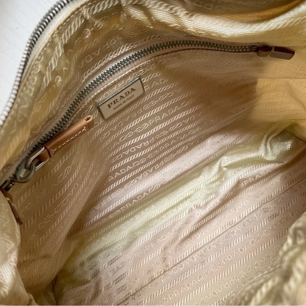 Prada white nylon camel brown leather embossed logo shoulder hobo bag